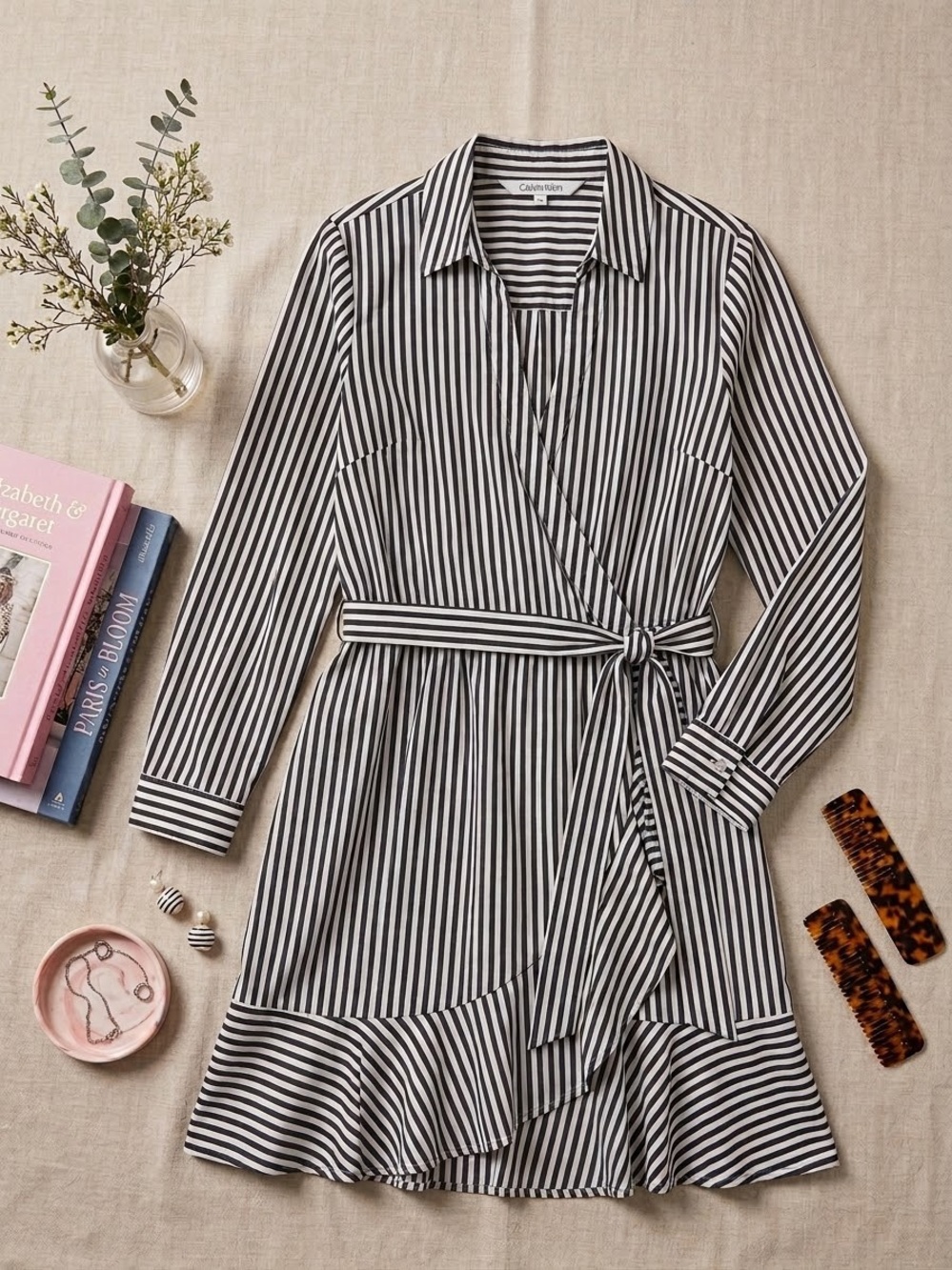 Calvin Klein Black and White Vertical Stripe Long-Sleeve Wrap Dress